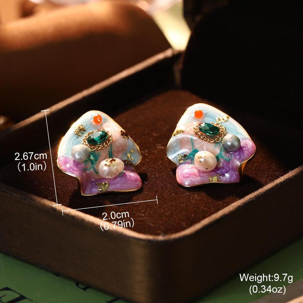 2024 Pearl Heart Flower Oil Painting Enamel Stud Earrings - Advanced Design Jewelry
