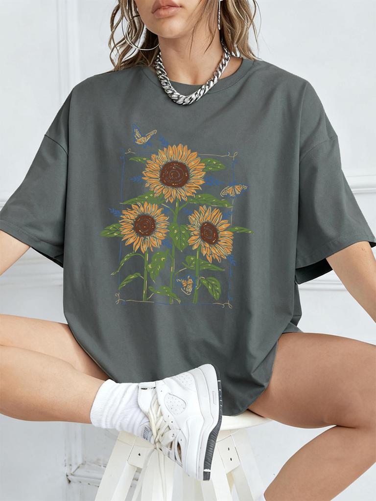 Sunflower Oil Printing Prints TShirts Womens Summer Cotton Short Sleeve T Shirt Loose ONeck Comfortable Tops Casual Clothes