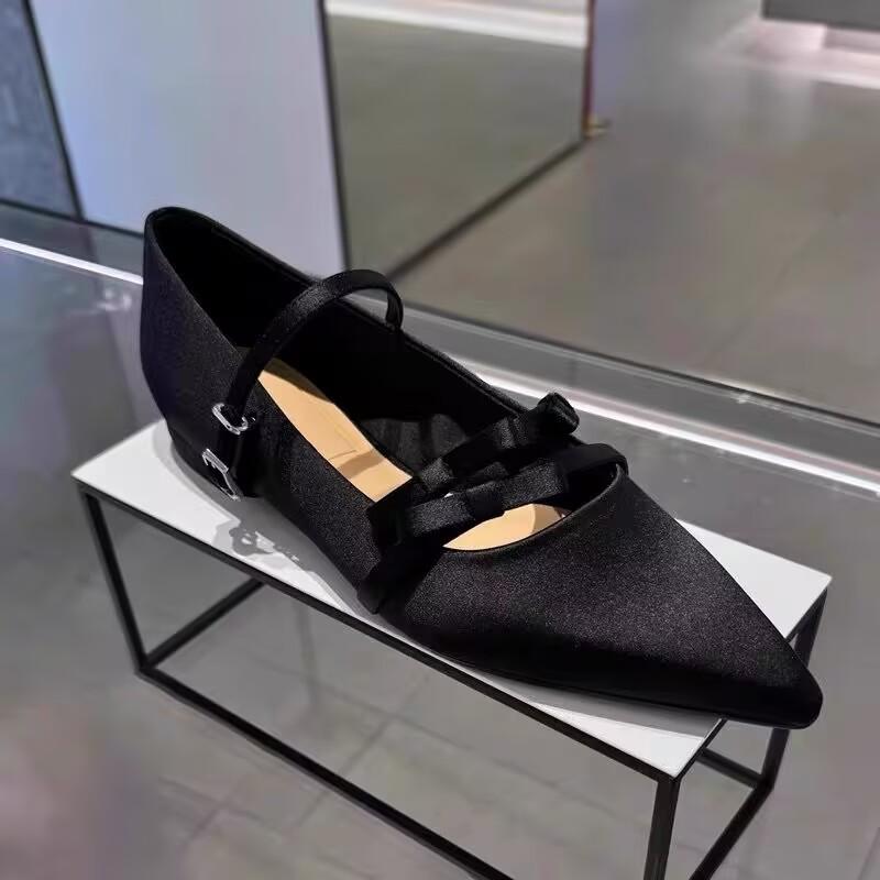 Chaussures à petit talon Été Nouveau Bout pointu Ouverture peu profonde Nœud papillon Semelle souple Antidérapant Résistant à l'usure Chaussures basses