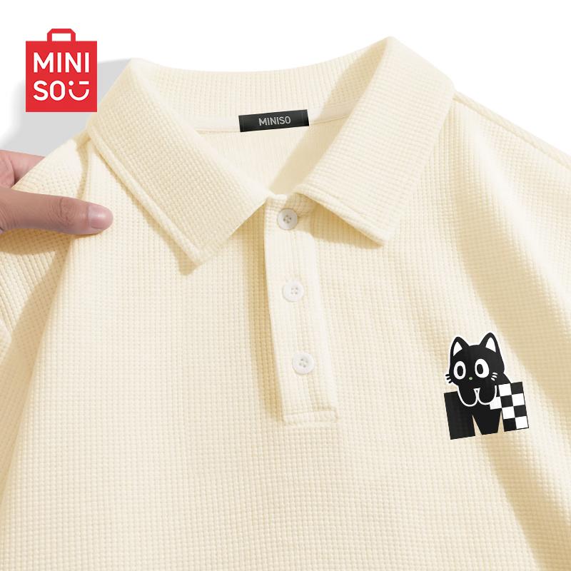 MINISO Men s Summer American Retro Waffle Knit Polo Shirt with Black Cat Patch M