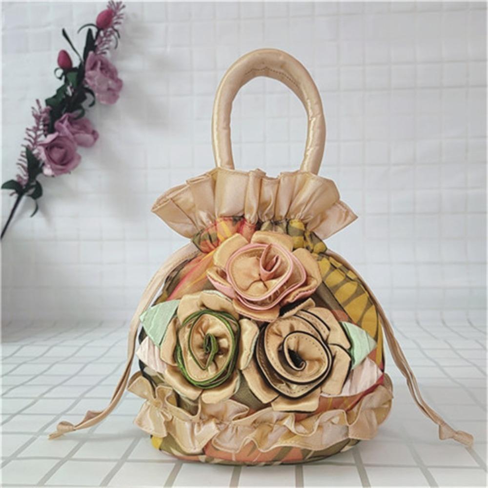 High Quality Top Handle Lace Flower Bag Lace Embroidery Bucket Drawstring Cloth Bag Dacron Women's Handbag