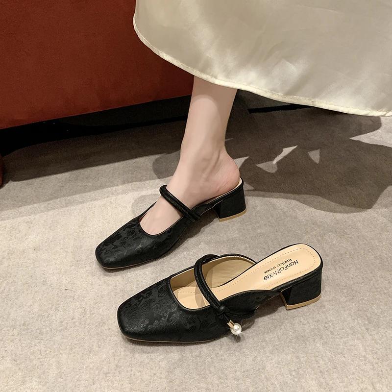 Baotou Half Slippers Female Summer Outdoor Slides Square Toe Chunky Heel High Heels Sandals Mule Slippers Pearl Decor Dress Shoe