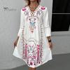 Summer Lady Dress Hollow Out Lace Patchwork Bohemian Three Quarter Sleeves Loose V Neck Printed Pleated Knee Length Vacation Beach Midi Dress