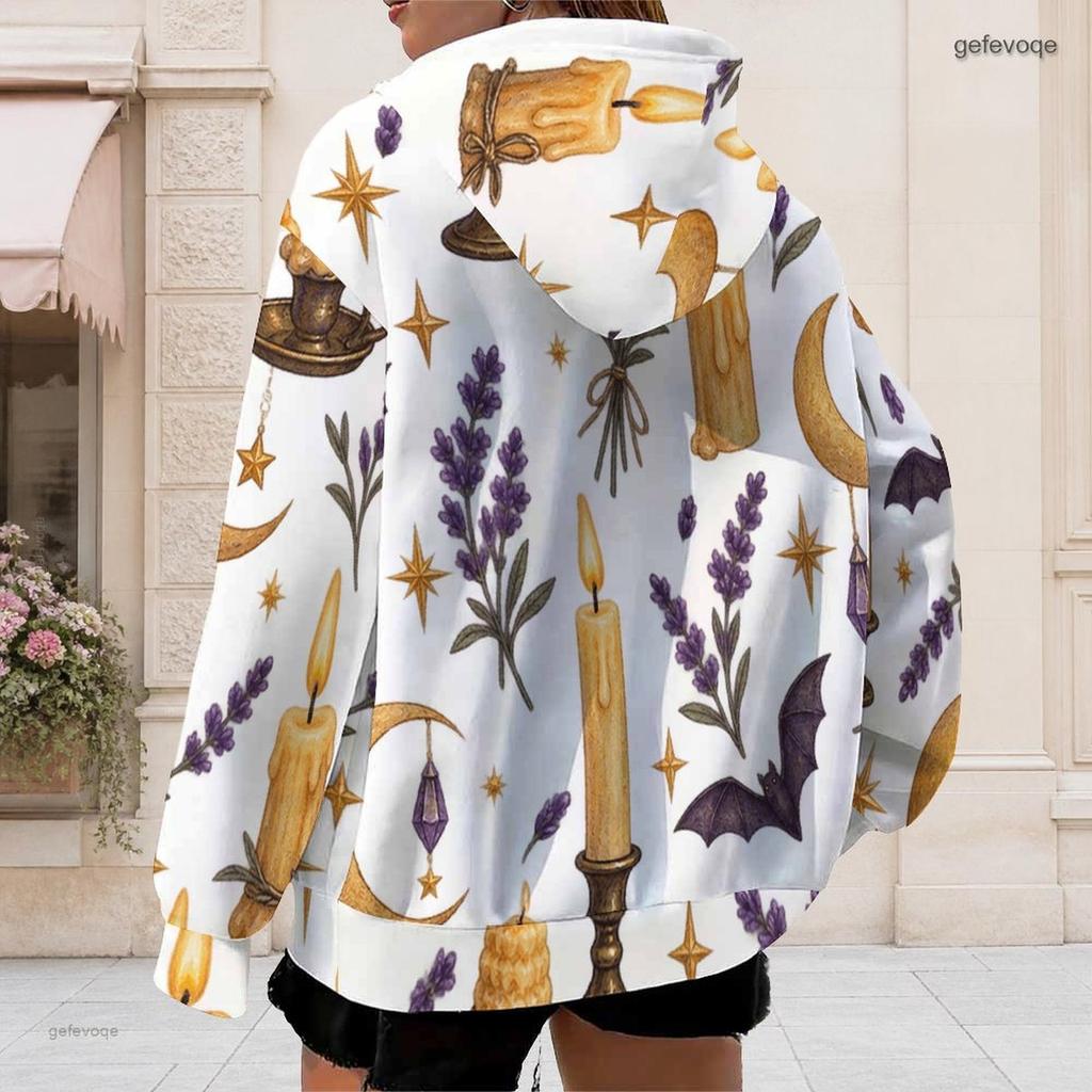 Women Plus Size Zip Up Long Sleeve Drawstring Hoodie White Dark Rose Bat Key Lock Printed Sweatshirt With Pockets