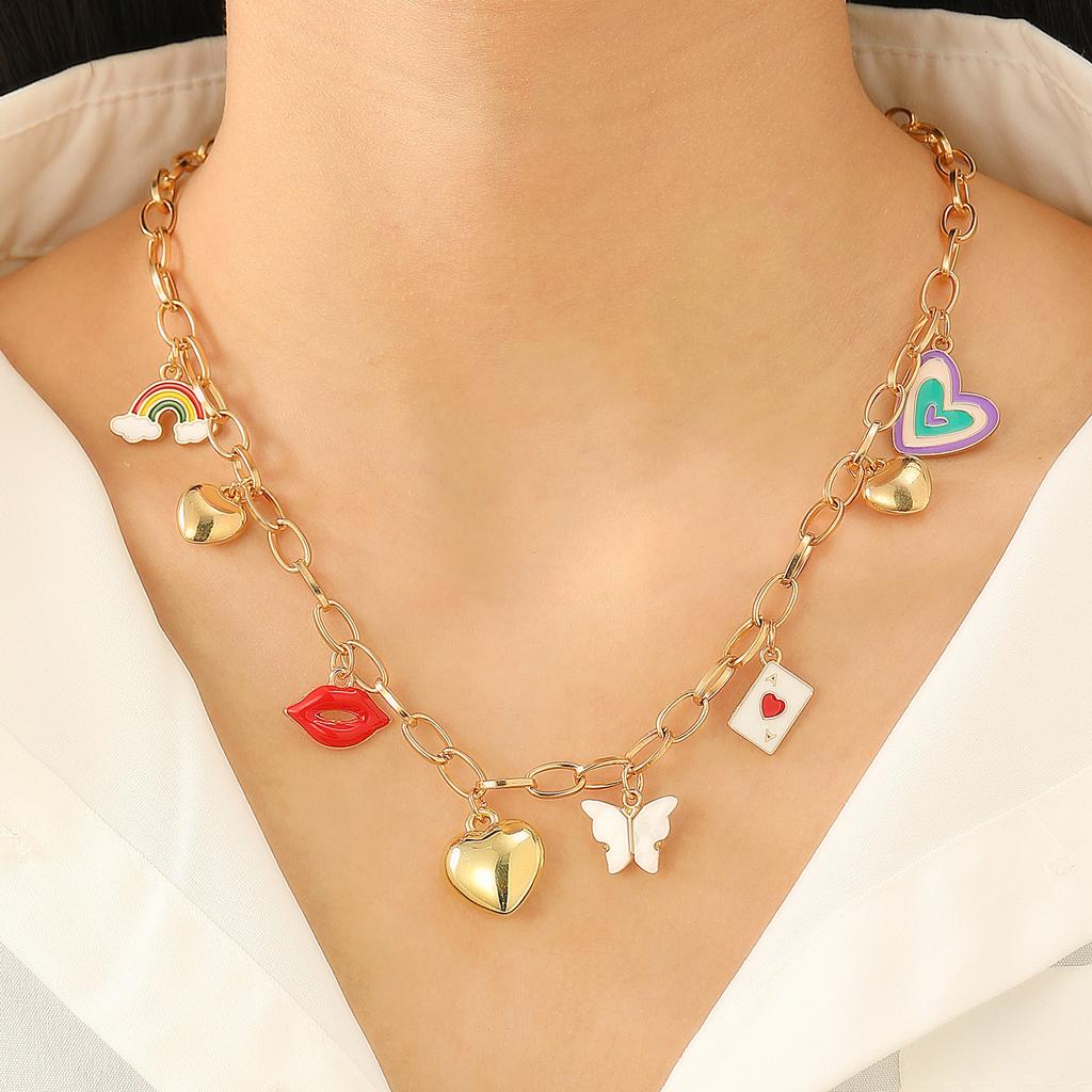 Multi Charm Chain Necklace with Rainbow Heart Butterfly and Lips Pendants for Women