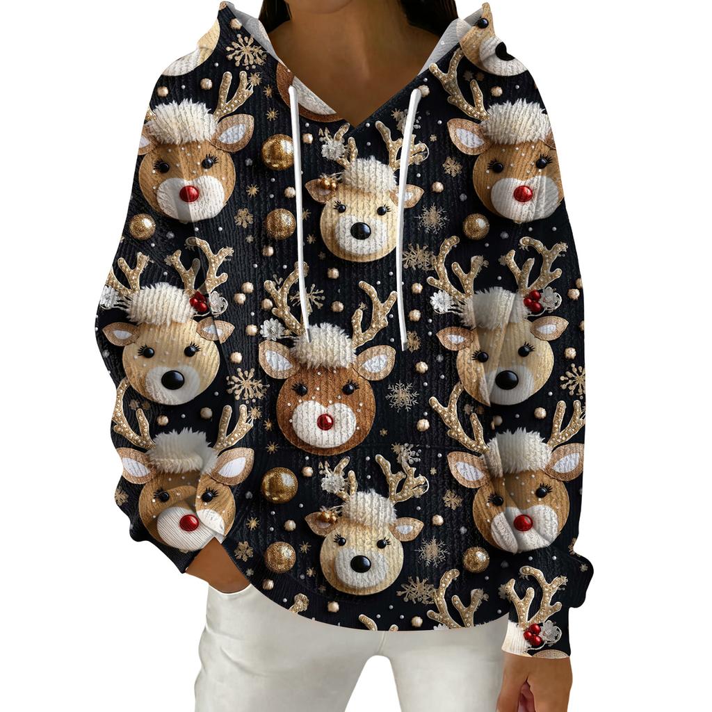 Women's Fashion Casual Christmas Print Pullover Long-Sleeve Hooded Sweatshirt