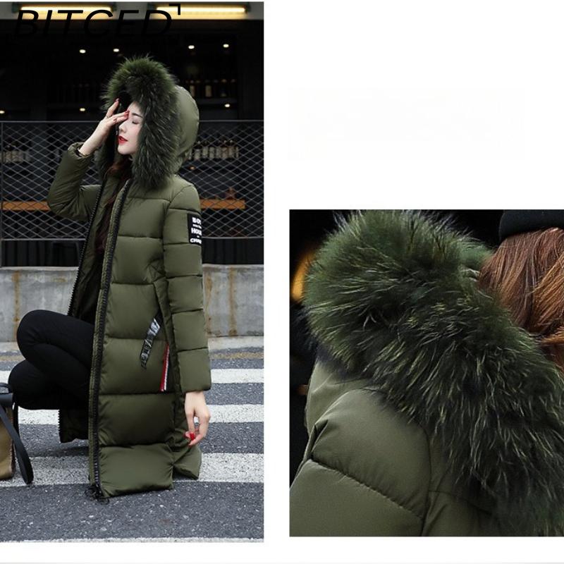 BITCED Autumn/Winter Women's Long-Length Cotton Coat with Hood and Large Fur Collar Down-Filled Cotton-Blend Padded Jacket