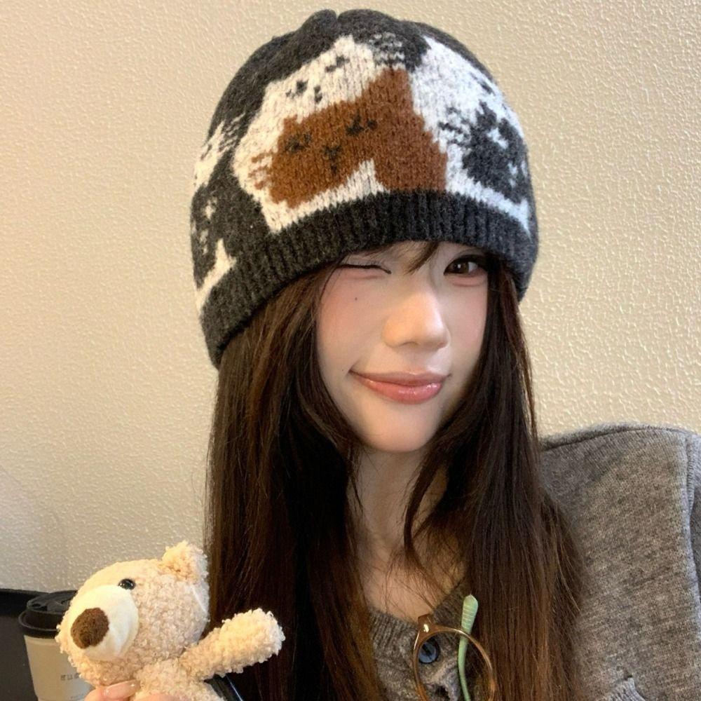 Warm Jacquard Pattern Beanies Fair Isle Style Printing Knit Cap Jacquard Cat Knitted Hat Girls