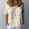 Women T-shirt V-neck Short Sleeve Flower Printed Tee Shirt Loose Fit Dropped Shoulder Sleeve