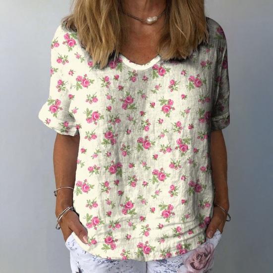 Women T-shirt V-neck Short Sleeve Flower Printed Tee Shirt Loose Fit Dropped Shoulder Sleeve