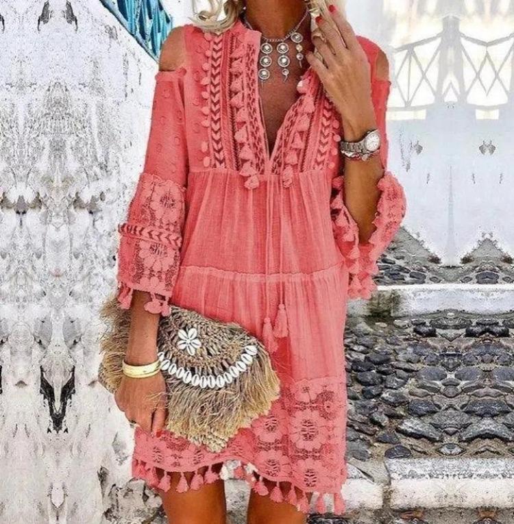 Off Shoulder Bohemian Maxi Dress Embroidered Lace Trim Fringe