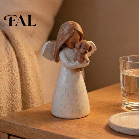 Pet Memorial Gifts for Dog Lovers Angel Holding Puppy Figurine, Cute Resin Statue Home Durable Craft Desk Decor, Handcrafted Wood Carving Texture
