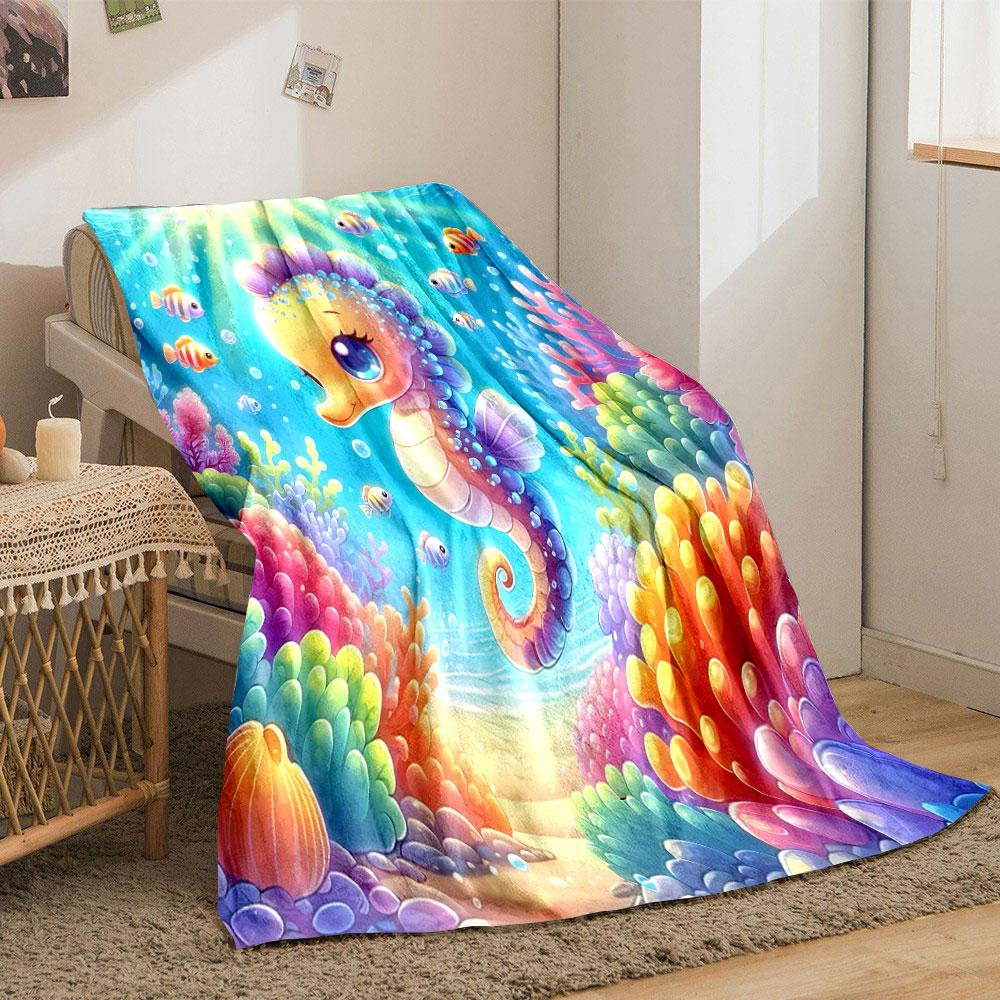 Cute Seahorse and Colorful Coral Reef Scene Print Blanket Soft and Cozy Perfect for the Living Room Bed Sofa or a Nap,gift