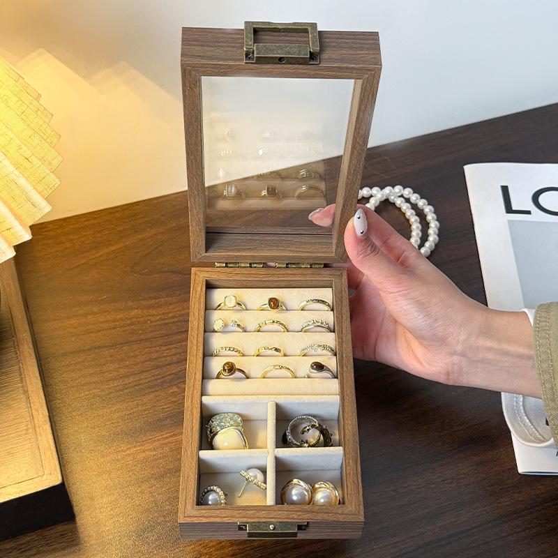 Compact Jewelry Storage Box: Solid Wood Black Walnut Display Stand for Necklaces, Earrings, Studs, Rings, and Bracelets.