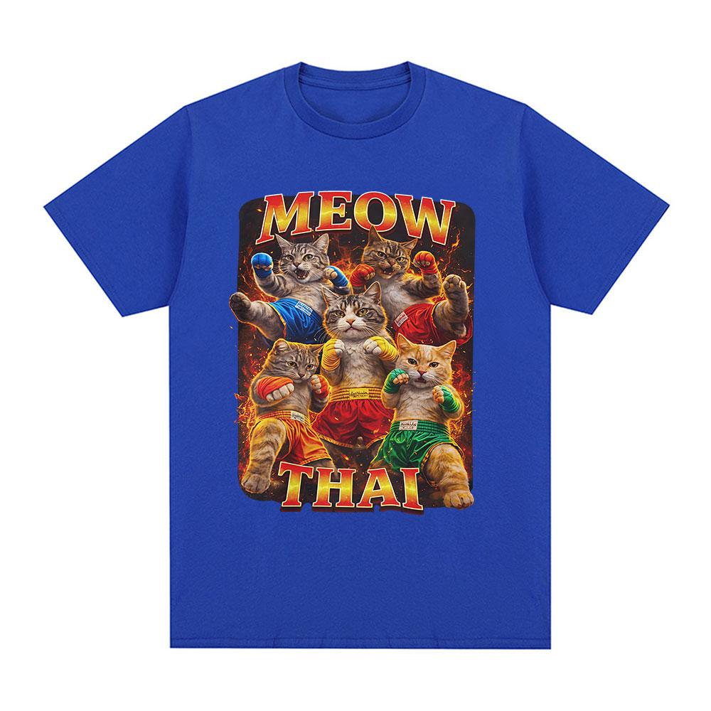 Meow Thai T-Shirt Muay Thai Katze Meme Ironisch Kampfsport Katze T-Shirts Herren Damen Sommer Mode Kurzarm Baumwolle T-Shirts