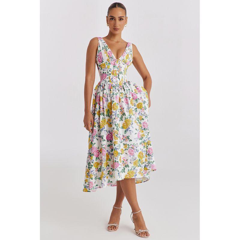 

Strap Dress 2025 Summer New Arrival Silm Suspender Dress European American Fashion Floral Print V Neck Elegant Dress Pink Florals S