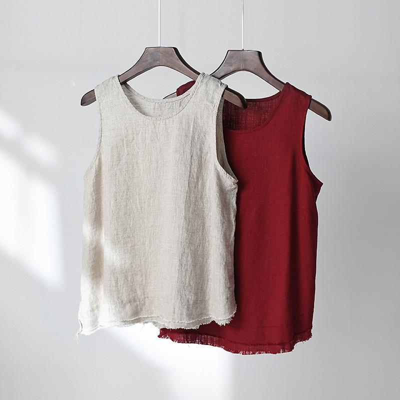 Frühling und Sommer neue Baumwoll- und Leinen-Damenbekleidung literarisch und retro Leinen Fransenrand Trägertop Damen Unterteil kleines Weste