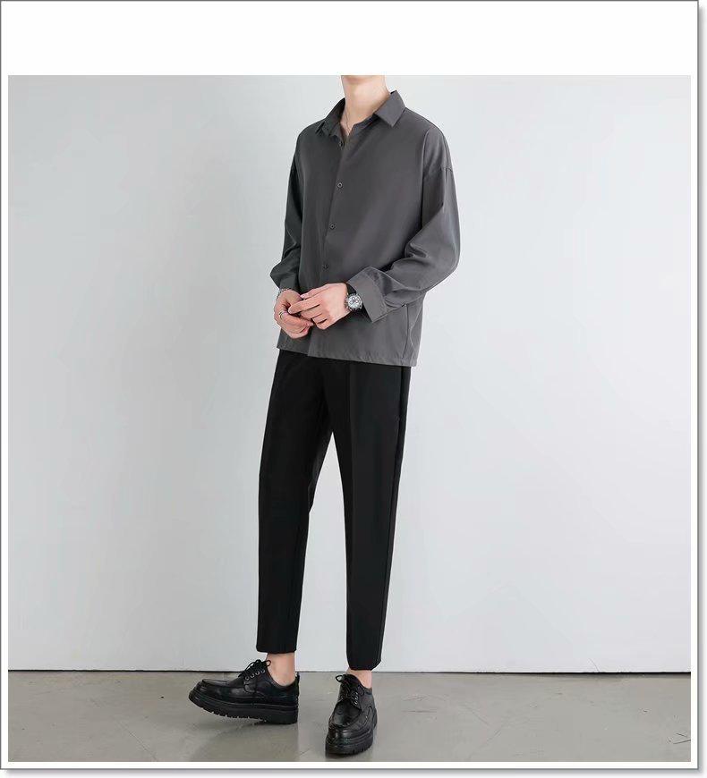 Men's Summer Ice Silk Long-Sleeve Black Drape Shirt - Wrinkle-Free, Loose, Casual, Handsome Gray Style