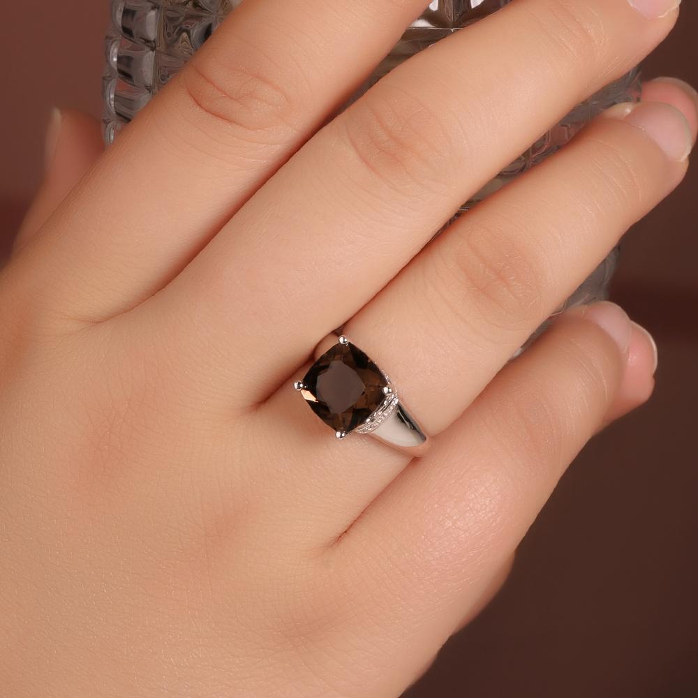 Simple Design Ring with Natural Smoky Quartz Cushion 10mm 925 Sterling Silver Fine Jewelry Women Nice Gift