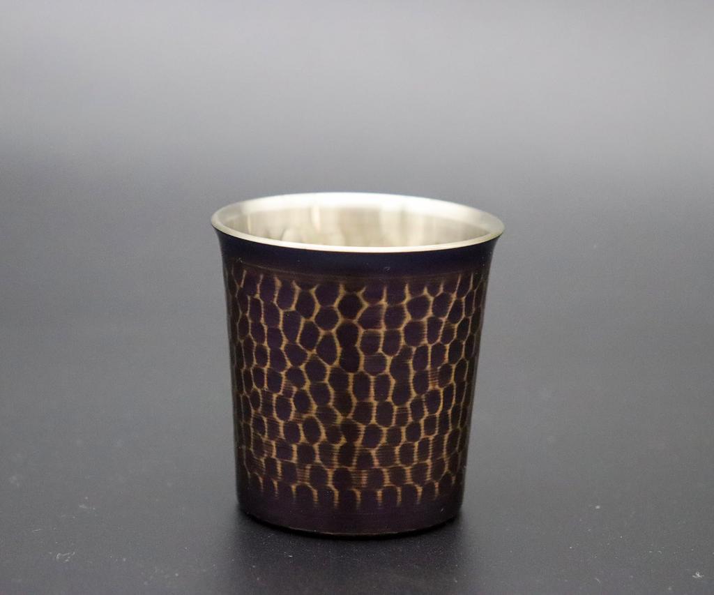 Shinkodo Japanese-made Pure Copper Sake Cup, 100ml, Purple Finish, Hammered Texture, Gift Wrapping Included.