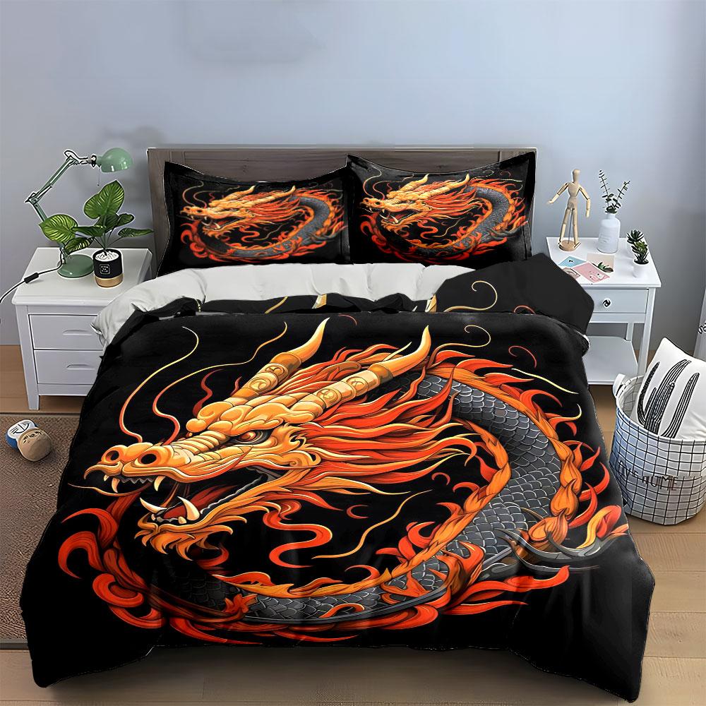 3Pcs Fiery Chinese Dragon Bedding Set, Mythical Beast Print Duvet Cover + 2 Pillowcases, Bold Decor