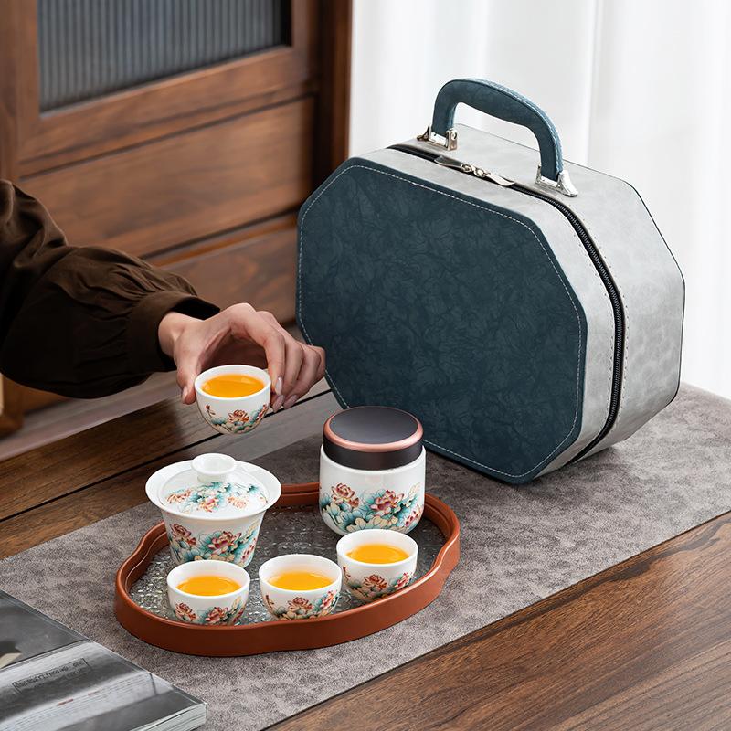 High-end Simple Dehua Suet Jade Portable Four Cups Outdoor Travel Tea Set Business Trip Car Tea Gift Leather Packaging