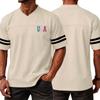 Men V Neck Short Sleeve Jersey Top with USA Independence Day Print and Striped Sleeve Athletic Casual Style Shirt for Sports and Daily Wear