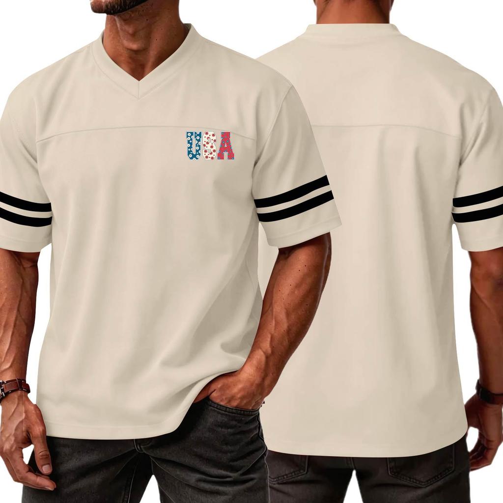 Men V Neck Short Sleeve Jersey Top with USA Independence Day Print and Striped Sleeve Athletic Casual Style Shirt for Sports and Daily Wear