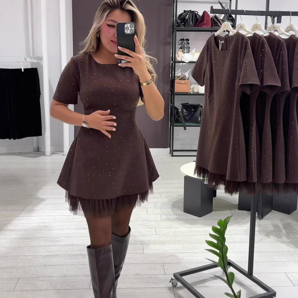 Women's Brown Polka Dot Dress with Black Tulle Hem, Short Sleeve