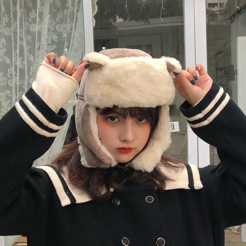 Women Warm Earmuffs Thicken Ear-flapped Hat Winter Cashmere Plush Cotton Hat Cat Ears Cap Winter Russian Bomber Hat