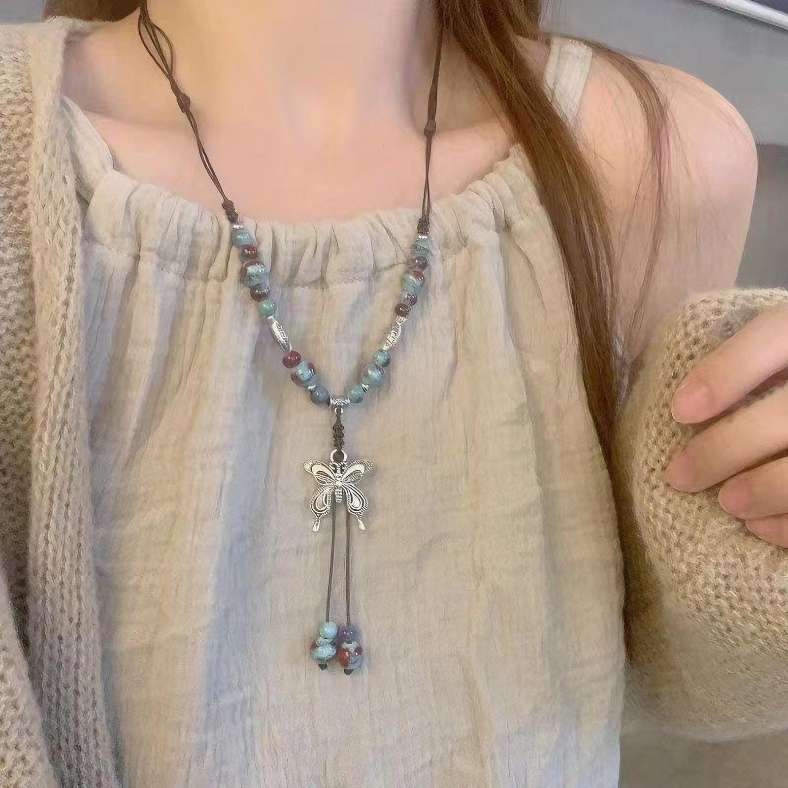 Bohemian ceramic beaded butterfly necklace women s retro ethnic style woven rope collarbone chain antique Hanfu accessories