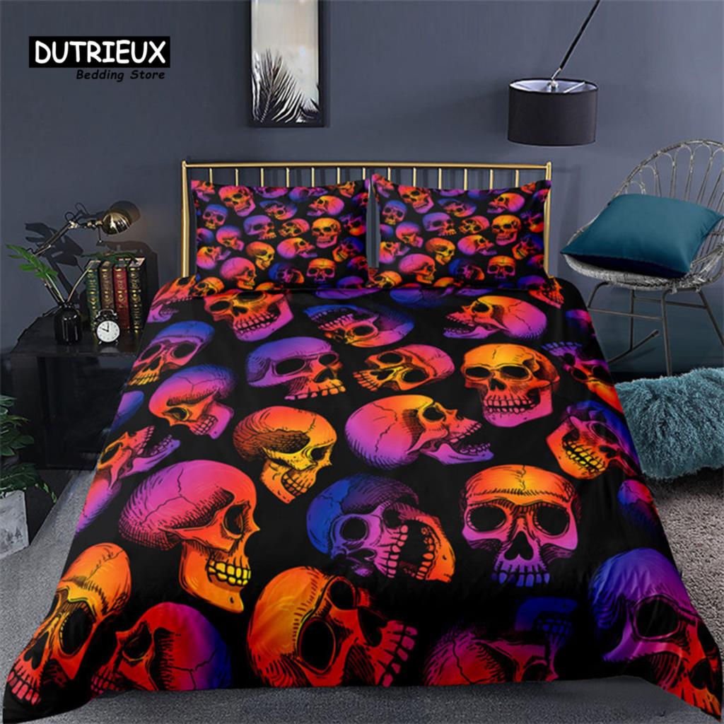 Colorful Sugar Skull Skeleton Quilt Cover Gothic Skull Bedding Set Queen Size Microfiber Horror Theme Feather Black Duvet Cover