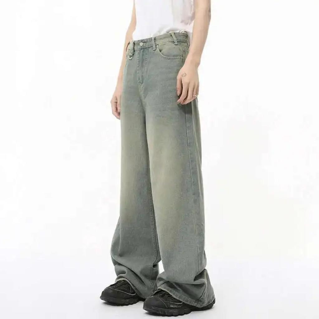 RogueWave Men Denim Pants Straight Droop Vintage Loose Bottom Straight Wide Leg Casual Male Trousers Korean Style