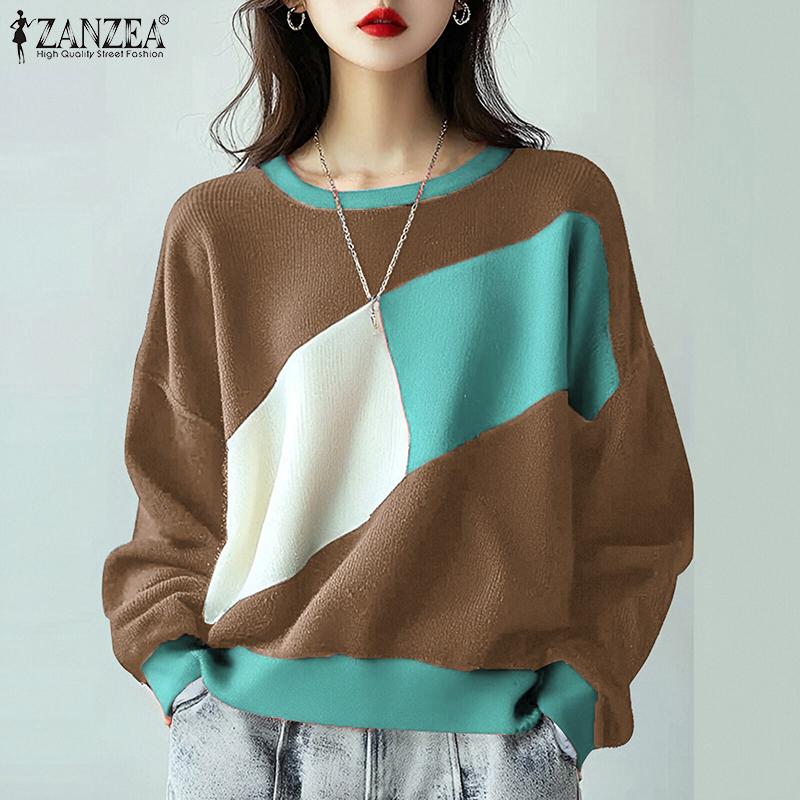 ZANZEA Women Casual Round Neck Long Sleeve Color Block T-Shirts