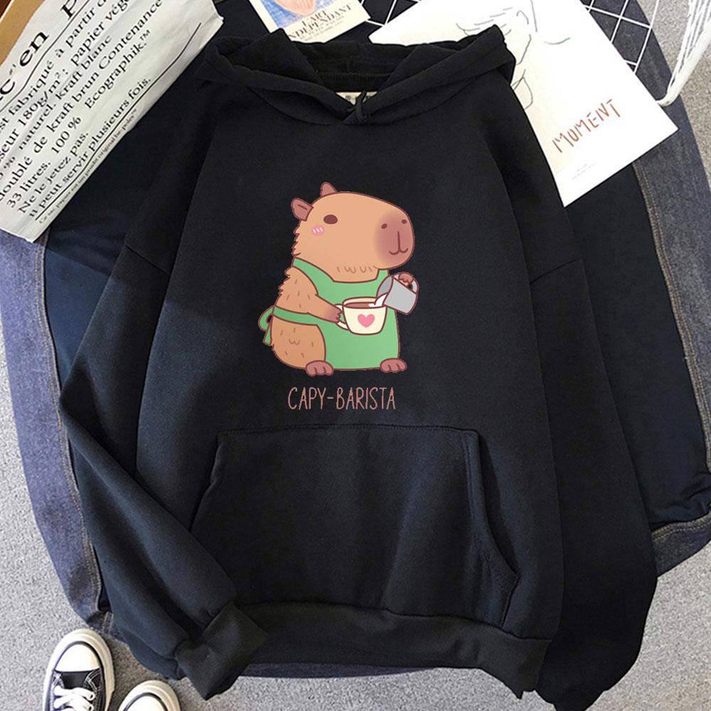 Cute Capybara Barista Making Coffee Hoodie With Hooded Harajuku Kawaii Sweatshirt Anime Print Cartoon Clothes Sudaderas Hoody