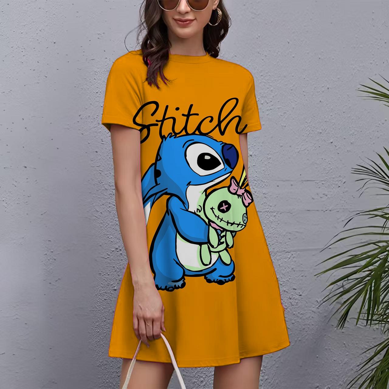 Šaty s potlačou Stitch pre ženy 2025 Nový rok Krátke rukávy O-výstrih Šaty Oversized Dámske Vianočné Zábavné Dámske Párty šaty M