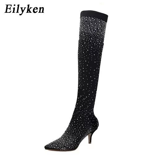 Fashion Eilyken Design Fashion Pointed Toe Bling Over Knee Boots Crystal Long Women Thigh High Heel Sexy Club Sock Botas Mujer