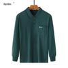 Men's Thick Cotton Long-Sleeve Dad T-Shirt for Spring/Autumn - Loose Fit, Solid Color, Lapel, Real Pocket, Casual Wear for Middle-Aged Men.
