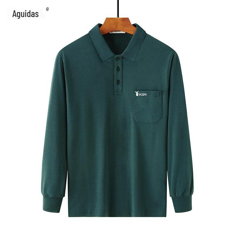 Men's Thick Cotton Long-Sleeve Dad T-Shirt for Spring/Autumn - Loose Fit, Solid Color, Lapel, Real Pocket, Casual Wear for Middle-Aged Men.