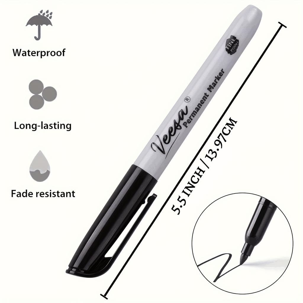 10 Fine Tip Black Permanent Markers - Waterproof, Smudge-proof, Quick Drying,bright Ink, Ergonomic Design, Perfect for Art, Office and School Supplies