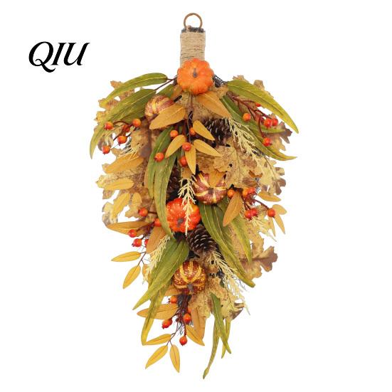 Decorative Fall Home Accessories Artificial Teardrop Swag, Faux Pumpkins Berries Pinecones Leaves Door Lifelike Pinecone Berry Garland Autumn Harvest