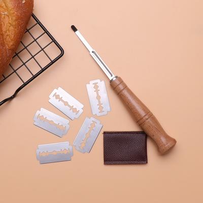 Premium Stainless Steel Bread Slicer with 5 Replacement Blades and Wooden Handle, Curved Baguette Slicer for Kitchen Baking