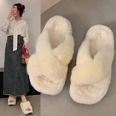 Internet Celebrity Cross-strapped Fluffy Slippers Women Wear 2025 Autumn and Winter New Thick Bottom Heightening Non-slip Plush Cotton Slippers