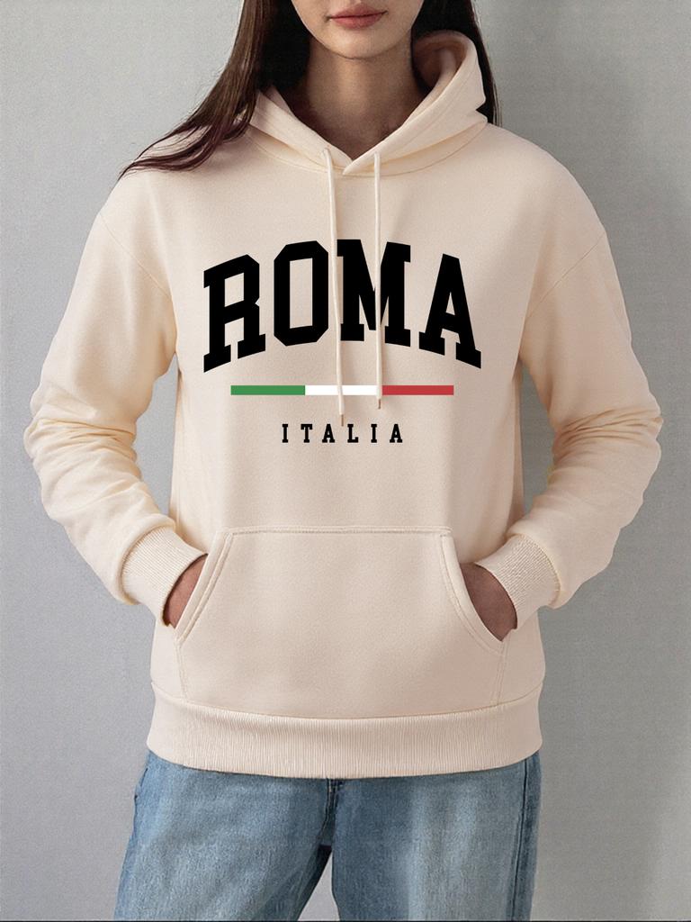 Roma Italia Flag Prints Hoodies Women Winter Fleece Warm Sweatshirts Comfortable Casual Pullovers Basics Pocket Woman Clothes
