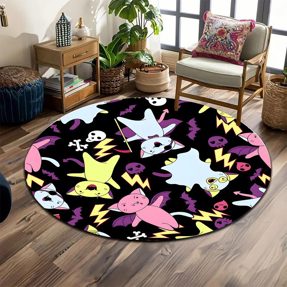 Halloween Cats Pattern on Black Background Print round rug, living room, bedroom, playroom carpet, non slip floor mat, gift