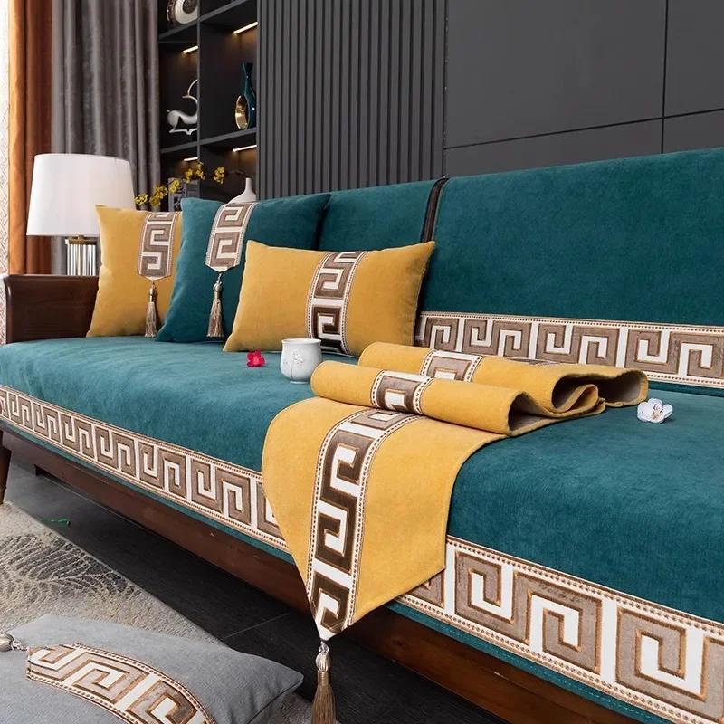 Chinese Style Chenille Sofa Cover Four Seasonal Universal Solid Wood Sofa Seat Cushion Joyful Anti Slip Red Chair Cushion Cover