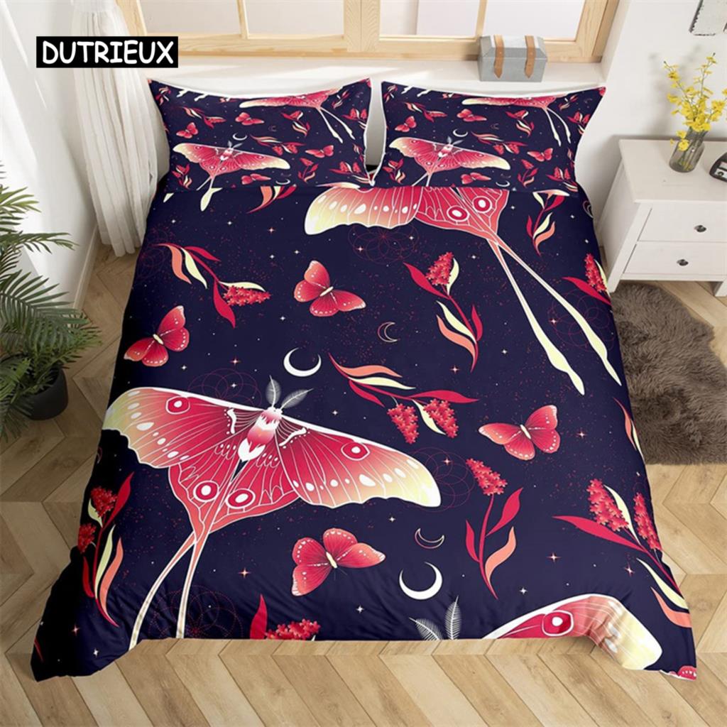Death Moth Duvet Cover Set Queen Size Gothic Skull Boho Comforter Cover Black and White Skeleton Decorative Soft Bedding Set