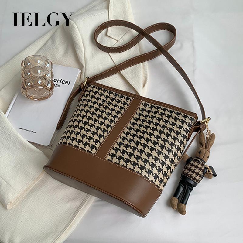 IELGY Ladies Messenger Bag Fashionable All-Match One-Shoulder Checked Bucket Bag