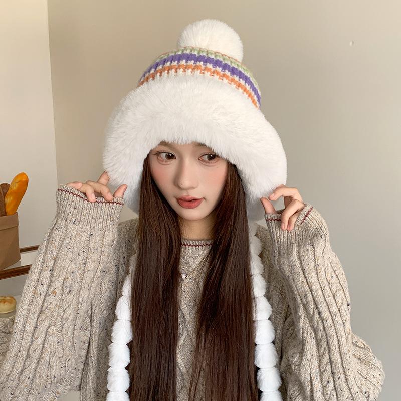 Striped Knitted Hat Women's Winter Velvet Thickened Wool Hat Warm Ear Protection Cold Hat Outdoor Riding Cold Hat