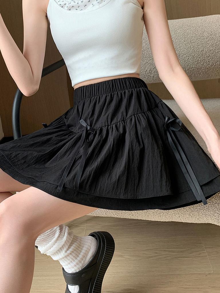 Cute Bow Mini Skirt with Shorts Women's Y2K Sweet Style Cake Skirt Ruffle Elastic Waist Fashion Female Clothing